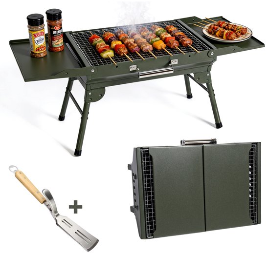 KHYR® CARRYFIRE BBQ Grill – NIEUW - Opvouwbare Draagbare Houtskool BBQ Grill – Portable Camping Barbecue – Tafel Barbeque - Draagbare Grill met Zijtafels – 45 x 30 cm Grilloppervlak – Voor Camping, Picknick en Outdoor BBQ - incl. BBQ tang