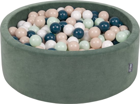 KiddyMoon Velvet Ballenbak voor kinderen 90x30cm Rond - Met 300 Ballen ∅ 7cm - Speelgoed - BPA-vrije ballenbakken - Ballenbad baby foam - Kunststof ballen - Bosgroen: Donkerturkoois Pastelbeige Wit Munt van KiddyMoon
