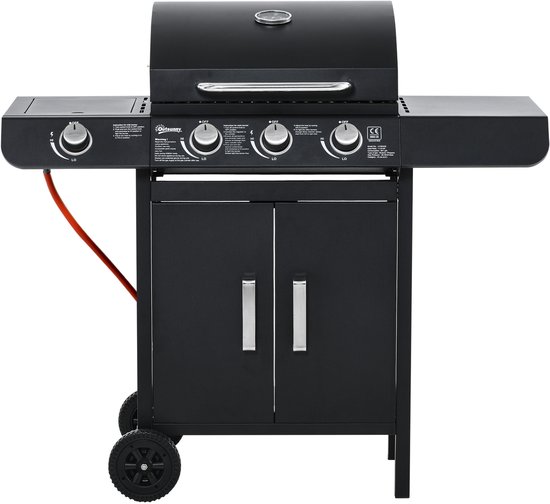 Killogood Gasbarbecue met 3 hoofdbranders + 1 zijbrander, plank, roestvrij staal, zwart, 110 x 50 x 100 cm van Merkloos
