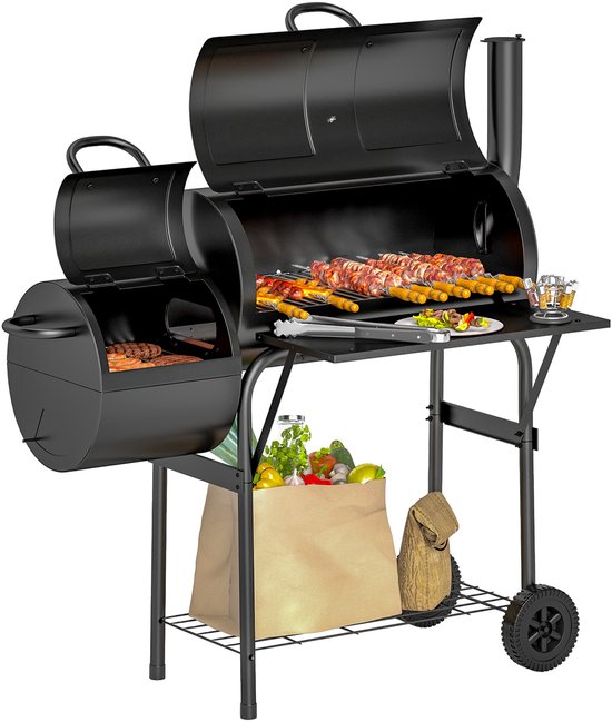 Killogood Houtskoolbarbecue van staal BBQ-smoker met deksel thermometer wielen luchttoevoer kolenbak van Merkloos