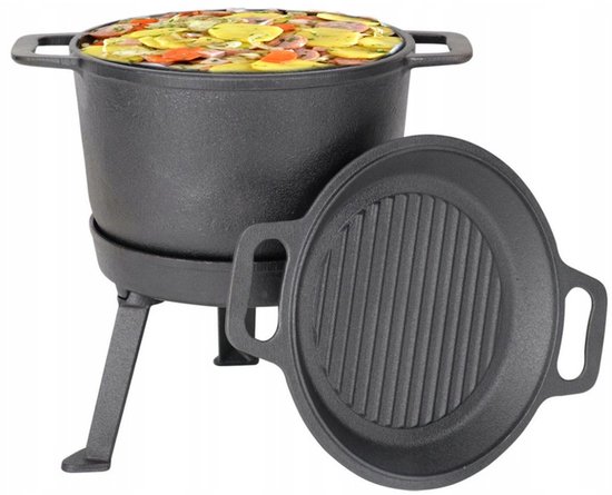 Kinghoff Gietijzeren Dutch Oven 10L – 3-in-1 Outdoor Kookset | Stoofpot, Grill en Kampvuurpan van Kinghoff