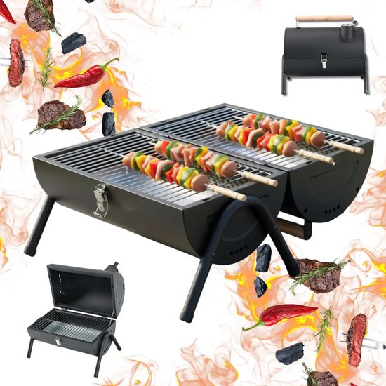 KINGHoff Grill - Draagbare Houtskoolbarbecue Grill - Camping BBQ met Deksel - Opvouwbare Tafelgrill - Reis BBQ met Ventilatie - Compacte Barbecue voor Balkon & Camping - Gepoedercoat Staal - ca. 41 x 25 x 38 cm - Zwart van Merkloos