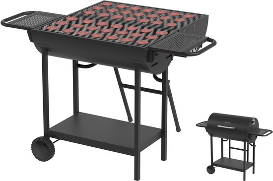 KitchenBrothers 2-in-1 Houtskool BBQ XL - Smoker Barbecue - Verstelbare luchtroosters - Dubbele BBQ - Zijtafels - Grillrooster BBQ - Zwart van KitchenBrothers
