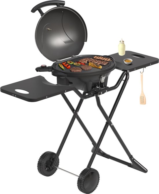 KitchenBrothers Elektrische BBQ - BPA-Vrij - Opvouwbaar - BPA-Vrij - Barbecue met Wielen - Anti-aanbaklaag - Zijtafels - tot 250°C - 2400W - Zwart van Merkloos