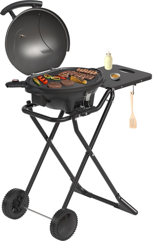 KitchenBrothers Elektrische BBQ - Opvouwbaar - Barbecue met Wielen - Anti-aanbaklaag - Zijtafel - tot 250°C - 2400W - Zwart van KitchenBrothers