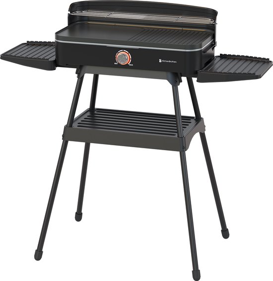 KitchenBrothers Elektrische BBQ - Staand en Tafelmodel Barbecue - Tafelbarbecue - Anti-aanbaklaag - 24x50cm Grilloppervlak - 2200W - Zwart van KitchenBrothers