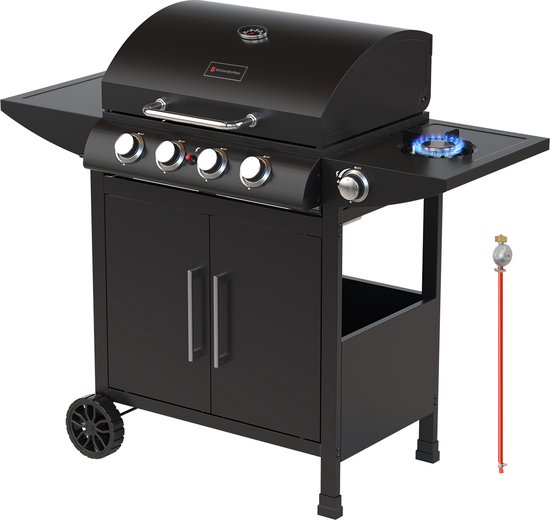 KitchenBrothers Gas BBQ - PFAS en BPA Vrij - Gasbarbecue met zijbrander - 5 Branders - Met Gasaansluiting - 42x57cm Grilloppervlak - Extra Opbergruimte - Zwart van Merkloos