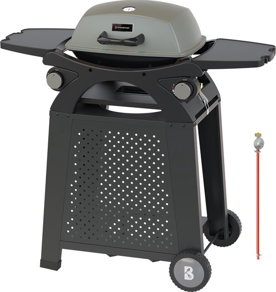 KitchenBrothers Gas BBQ - PFAS en BPA Vrij - Staand en Tafelmodel Barbecue - 2 Branders - Tafelbarbecue - Anti-aanbaklaag - 37x48 cm Grilloppervlak - Zwart van Merkloos