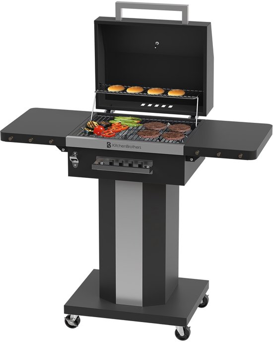 KitchenBrothers Houtskool BBQ - Barbecue Staande Grill - met Wielen - RVS Grillrooster - Houtskool Barbecue met Deksel - Zwart van KitchenBrothers