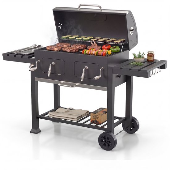 KitchenBrothers Houtskool BBQ XL - Dual Zone Smoker Barbecue - Met Verstelbare Kolenroosters & Inklapbare Zijtafels - PFAS-vrij - 42,3x75,8cm Grilloppervlak - Zwart van KitchenBrothers