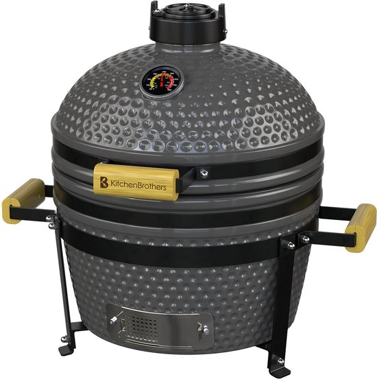 KitchenBrothers Kamado BBQ - BPA en PFAS Vrij - 16 Inch Houtskool Barbecue - 34⌀ cm - Deluxe Set - Egg BBQ met Accessoires - Grijs van Merkloos