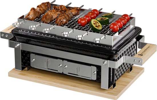 KitchenBrothers Kamado Hibachi Grill - BPA en PFAS Vrij - Met Grillrek en Stokjes - Houtskool Barbecue - Shichirin Tafelgrill - Rechthoekige BBQ - Keramische Barbecue - Zwart van Merkloos