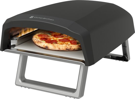 KitchenBrothers Pizza Oven - Gas - PFAS- & BPA-Vrij - Tafelmodel - Inklapbaar - Pizzasteen - Dubbele Brander - Pizza maker - Pizzaoven voor Buiten - Zwart/Grijs van Merkloos