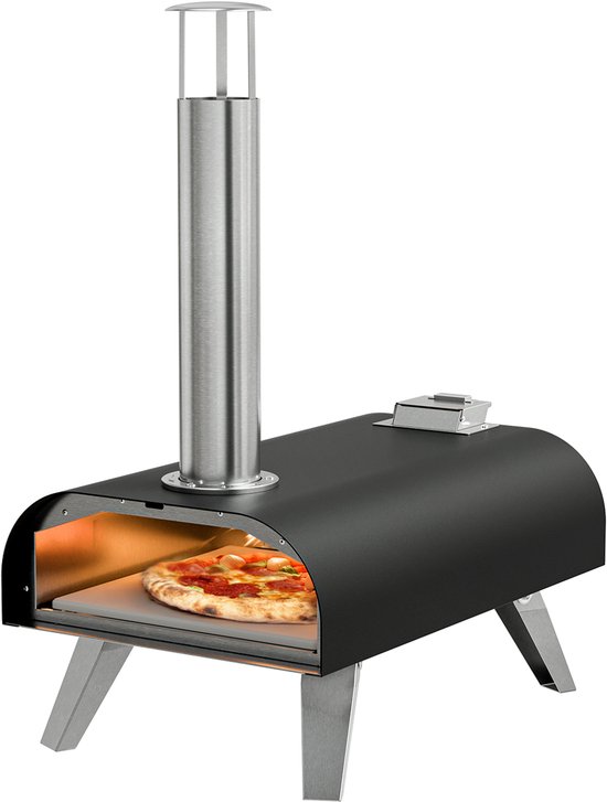 KitchenBrothers Pizza Oven - Houtgestookt - PFAS- & BPA-Vrij - Tafelmodel - Inklapbaar - Pizzasteen - tot 460°C - Pizza maker - Complete Set - Pizzaoven voor Buiten - Zwart/RVS van Merkloos