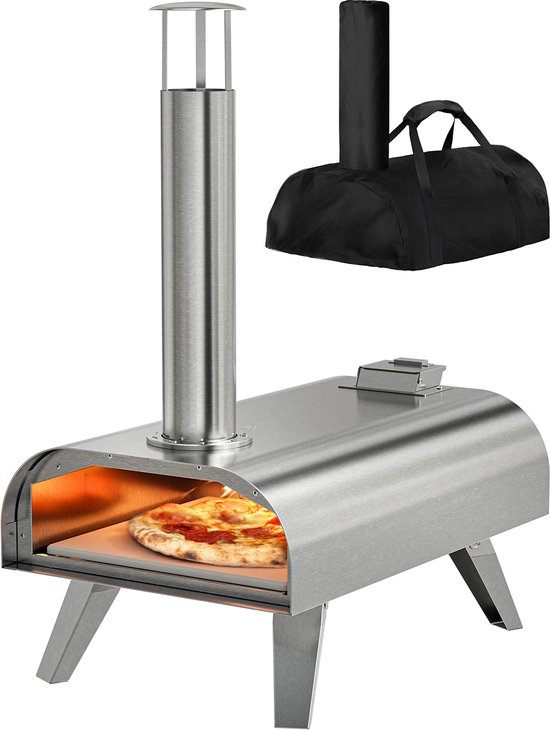 KitchenBrothers Pizza Oven - Houtgestookt - PFAS- & BPA-Vrij - Tafelmodel - Met Beschermhoes - Inklapbaar - Pizzasteen - tot 460°C Pizza maker - Complete Set - Pizzaoven voor Buiten - RVS van Merkloos