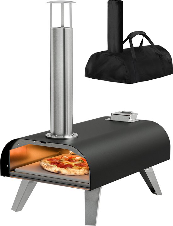 KitchenBrothers Pizza Oven - Houtgestookt - PFAS- & BPA-Vrij - Tafelmodel - Met Beschermhoes - Inklapbaar - Pizzasteen - tot 460°C Pizza maker - Complete Set - Pizzaoven voor Buiten - Zwart/RVS van Merkloos