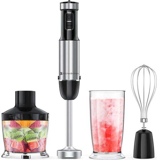 KitchenBrothers Staafmixer Set - Hakmolen - Garde - Maatbeker - 4-in-1 Mixer - 6 Snelheden + Turbo - RVS van KitchenBrothers