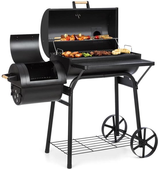 Klarstein Beef Brisket Smoker Grill - Houtskoolgrill/rookoven, roestvrijstalen grillroosters, thermometer in deksel, 2 grote wielen, optimale warmtebehoud, zwart