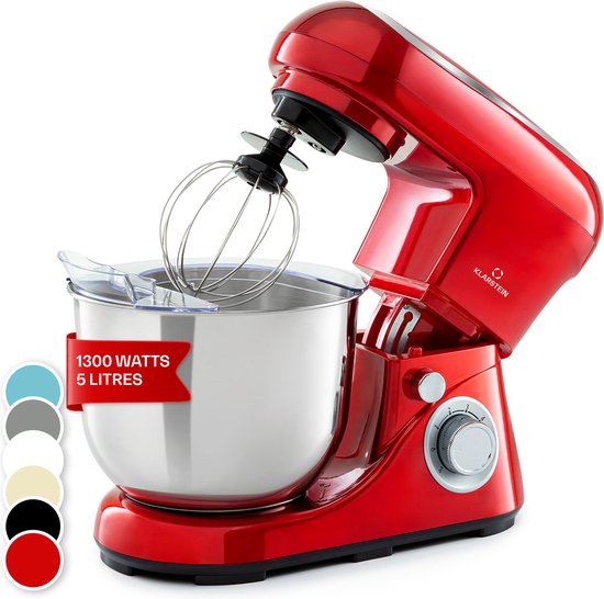 Klarstein Bella Pico 2G Keukenmachine - 1300W - 1,7PS - 6 Vermogensstanden - 5 L - RVS Kom - Planetair Mixsysteem - Stijvol Roeren, Kneden of Kloppen - Krachtig En Compact - Aluminium Gegoten Kneedhaak - Meerdere Kleuren Beschikbaar - Rood van Klarstein