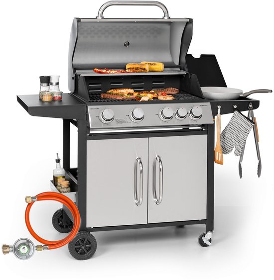 Klarstein Gasbarbecue Met Groot Grilloppervlak, Gasbarbecue 1 Zijbrander & 4 Branders, 17.1Kw Roestvrijstalen Gasbarbecue, Bbq Gasbarbecue Voor Balkon & Tuin, Grill Voor Propaan, Gasbarbecue Met 5 Branders & Thermometer van Klarstein