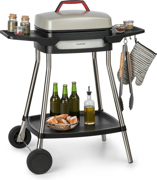 Klarstein Gatsby elektrische barbecuestandaard tafelgrill, vermogen: 2000 W, EasyGrill Concept, grilloppervlak: 40 x 36 cm / gegoten aluminium / antiaanbaklaag / grillmuts, twee zijtafels, beige / zwart van Klarstein