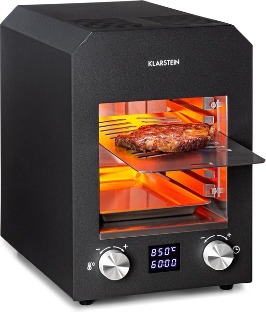Klarstein Hannibal elektrische grill voor hoge temperaturen indoor 2.200W 850 °C zwart - 42 cm 13 kg - RVS - voor Keuken - LED Display Timer Compact - Elektrische BBQ - Tafelgrill - Indoor Grill - Tischgrill - Steakhouse Grill van Klarstein