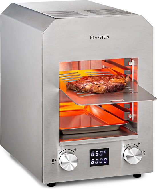 Klarstein Hannibal - Hogetemperatuurgrill, Vermogen: 2.200 W, Temperatuur: 200-850 °C, Infrarood verwarmingselement, CharForce System, Grillvlak: 18,5 x 30 cm, LED-display, Timer, zilver