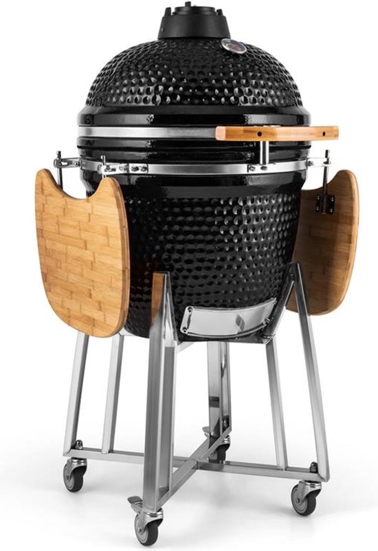 Klarstein Kamado Grill - Om Te Grillen, Slow Cooking, Roken Of Bakken, Verwijderbare Zijpanelen, Keramiek, Roestvrij Staal, Bamboe, Thermometer Van 0-450 °C, 3 Wielen, 75 X 132 X 125 Cm, Zwart van Merkloos