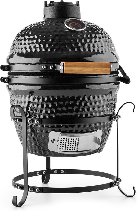 Klarstein Princesize - Kamado Grill, Keramische Grill, Houtskoolgrill, Smoker, met Deksel, Keramiek, Goede Warmteopslag, Binnenthermometer, Houten Handgreep, Afneembaar Onderstel, Zwart