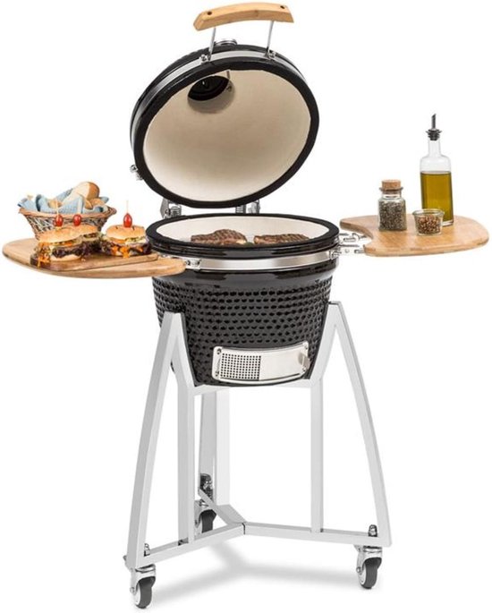 Klarstein Queensize Kamado Grill - Om Te Grillen, Slow Cooking, Roken Of Bakken, Afneembare Zijpanelen, Materialen: Keramiek, Roestvrij Staal, Bamboe, Thermometer Van 0-450 °C, 3 Wielen, Zwart van Klarstein
