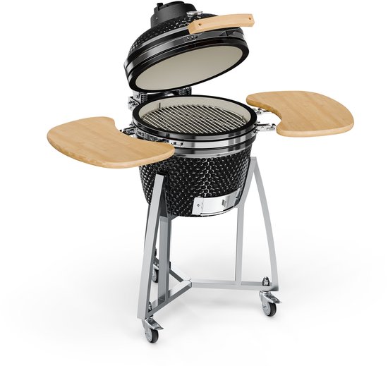 Klarstein Queensize kamado grill - om te grillen, slow cooking, roken of bakken, afneembare zijpanelen, materialen: keramiek, roestvrij staal, bamboe, thermometer van 0-450 °C, 3 wielen, zwart van Klarstein
