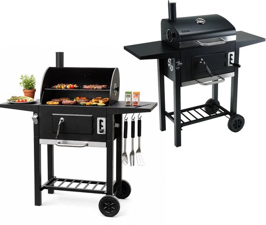 Klausberg Houtskoolbarbecue met Deksel en Thermometer - 42 x 30 cm - Verrijdbare BBQ met Zijtafels van Merkloos
