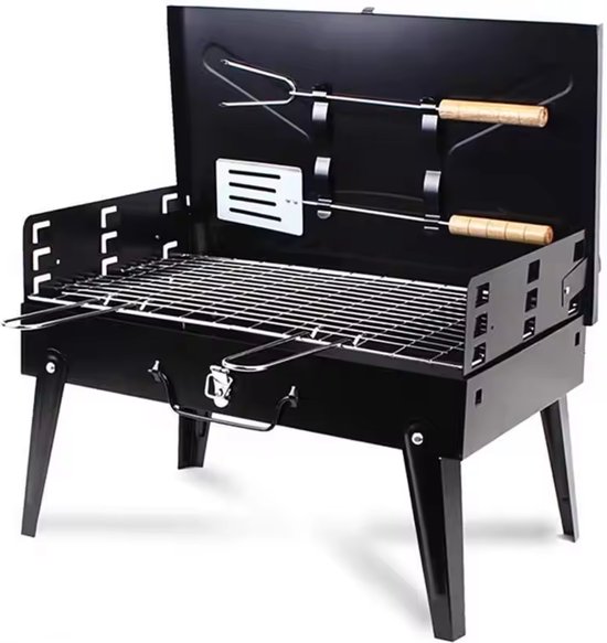 Koffer BBQ | Houtskool Barbecue | Opvouwbare inklapbare meeneem kolen BBQ inclusief gereedschap | Opvouw inklap tafel vakantie camping compact klein onderweg van Merkloos
