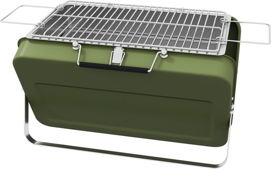 Kofferbarbecue, mini-houtskoolbarbecue, opvouwbaar, met houtskoolbak en asopvangbak, metalen behuizing, groen van Merkloos