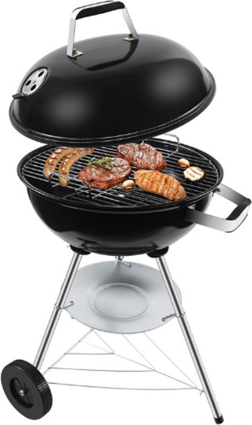 Kogelbarbecue, houtskoolgrill met porselein geëmailleerd deksel en ketel, ronde kolengrill met driepoot-landen en wielen, zwart, 51 x 46,5 x 78 cm