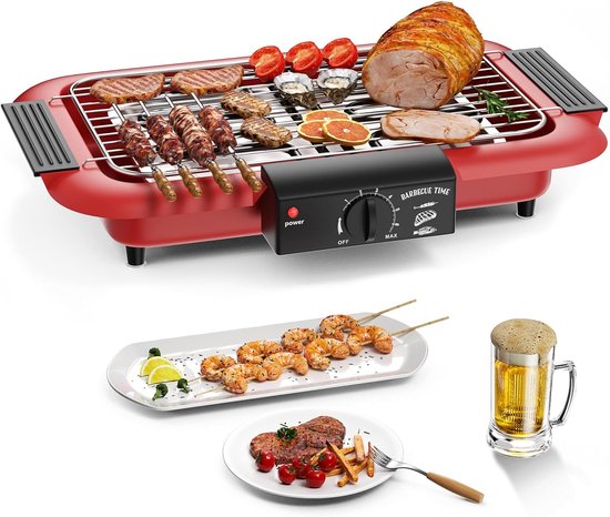 KZQ Elektrische Bbq Grill Rookvrij Met Anti Aanbaklaag Voor Binnen En Buiten - 2000w Dubbelbuis Hoog Vermogen Draagbare Afneembare Standaard Grill Voor Bbq Party - Rood