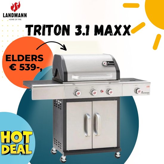 LANDMANN GasBBQ Triton 3.1 MAXX PTS | traploos instelbare roestvrijstalen brander met 15 kW vermogen | temperatuurweergave in het deksel | incl. PTS-systeem voor gelijkmatige warmteverdeling - Gasgrill van Landmann