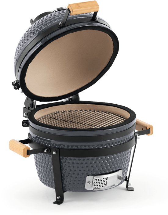 Landmann Kamado 16 inch Grijs Grilloppervlak ⌀ 35,5 cm - Met pizzasteen en Elevator - Met thermometer - Met onderstel en handgrepen - Dubbelwandig & geïsoleerd - BBQ Egg - Dekselthermometer - Kamado bbq - BBQ kamado - Tafelmodel van Landmann