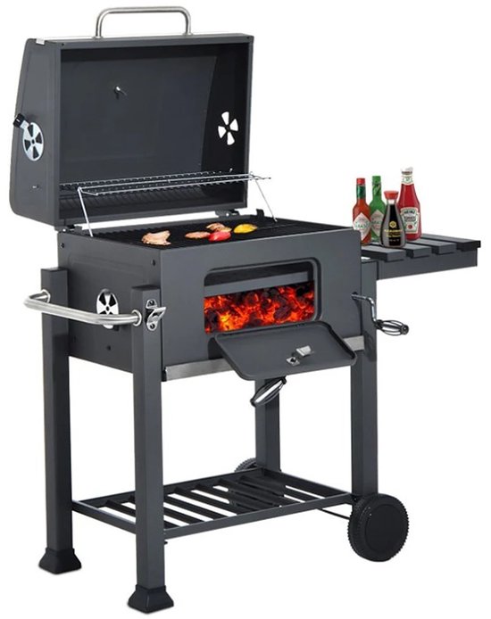 Linkforu - Houtskoolbarbecue Met Deksel - BBQ - Verstelbaar Grillrooster - Wielen - Zijtafel - 115x68x107 cm