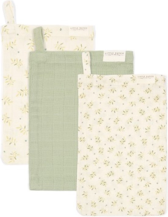 Little Dutch Essentials Blueberry Leaves & Sage - Multipack - Set van 3 washandjes hydrofiel - 21 x 14 cm van Little Dutch