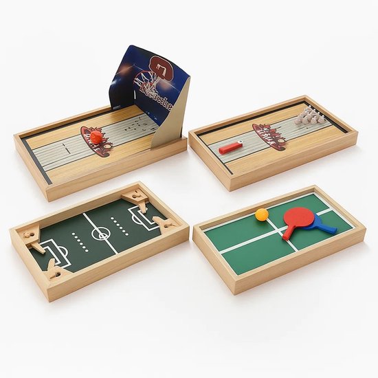 Lomera 4-in-1 Tafelspel - Multifunctionele Speeltafel - Tafelvoetbal - Tafeltennis - Bowlen - Basketbal - Houten Speeltafel - Compacte Afmeting - Geschikt voor 2 Spelers - Wisselbare Ondergrond - Indoor Spel - Sport en Spel - Eenvoudig Wisselen van Lomera