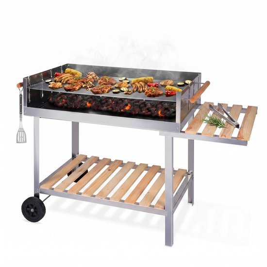 Lomera BBQ Trolley - Houtskoolbarbecue - Verrijdbare Barbecue - Grillwagen - Barbecuewagen - BBQ op Wielen - RVS Barbecue - Houtskool BBQ met Zijtafel - Buitenkeuken - BBQ Wagen - Tuinbarbecue - Barbecue