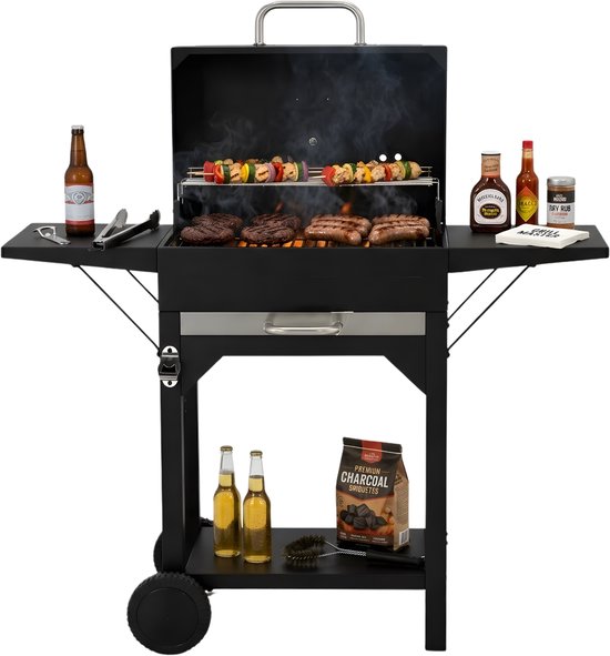 Lomera Houtskool BBQ - BBQ op Wielen - Houtskool BBQ op Wielen - Houtskool BBQ met Deksel - Zwarte Houtskool BBQ van Merkloos