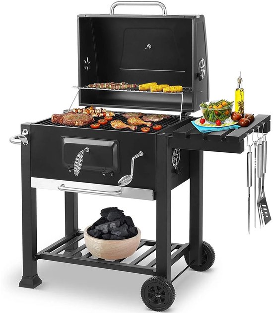 LUMÈ STORE Houtskool BBQ Grill – Trolley Barbecue met Deksel & Thermometer – Groot – Met Wielen, Zijtafel & Aslade – Zwart van Merkloos