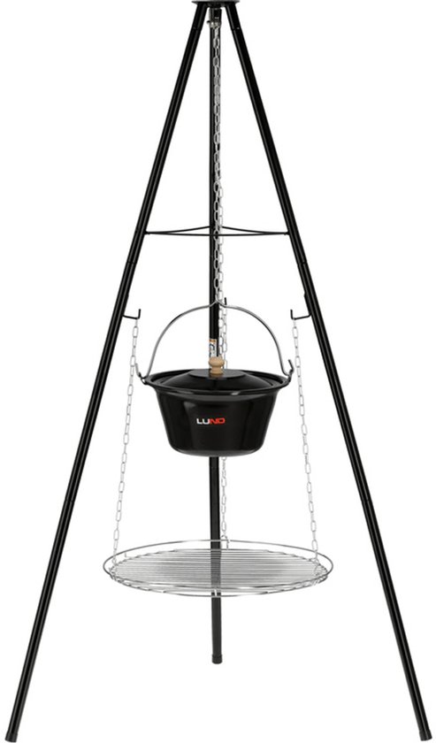 LUND 2-in-1 Kampvuurset – Driepoot met RVS Grillrooster (Ø 49 cm) & Emaliowany Kookpot (6L)