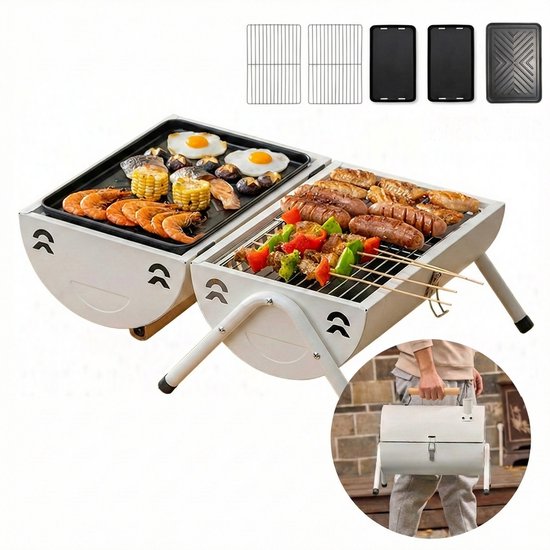Luxe Draagbare Tafelbarbecue Houtskool - 2-in-1 Smoker & Open Grill - Met Grillplaat & Deksel - Compacte Camping BBQ voor Balkon & Park - Dubbel Grilloppervlak - Houtskool Barbecue - Ideaal voor Buiten - Houtskool BBQ - Wit, 25.5 x 37.5 x 39 cm van Merkloos