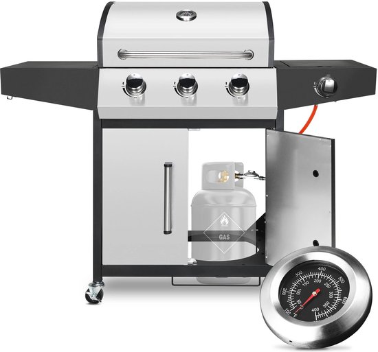 Luxe Grote Gasbarbecue met 3+1 Branders – 34.000 BTU – Roestvrij Staal – Met Zijbrander - Gietijzeren Roosters Temperatuurmeter - Opklapbare Werktafels – Draagbare BBQ op Wielen voor Buiten koken en BBQ Feesten van Merkloos