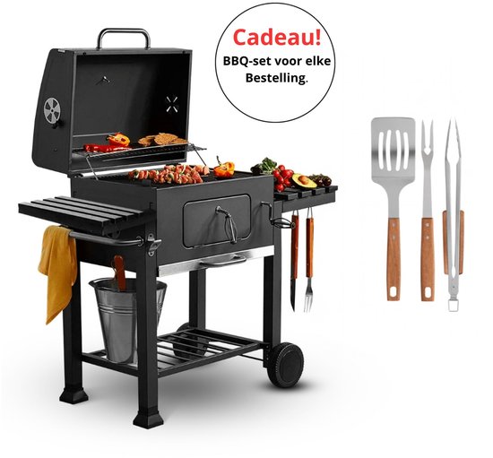 LuxoraLife® Houtskool bbq – Inclusief Gratis bbq-setSmoker Barbecue – Incl. bbq-set- 42x57 cm Grilloppervlak– Verstelbaar Kolenrooster – twee Zijpanelen – Zwart van LuxoraLife
