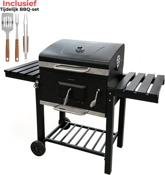 Luxoralife Houtskool BBQ - Smokerbarbecue - PFAS Vrij - Verstelbaar Kolenrooster -bbq- 42x57cm Grilloppervlak - Zijpanelen - Zwart van Merkloos