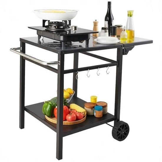 M-Goods - BBQ Trolley - Buitenkeuken op Wielen - Barbecue Tafel - BBQ Werktafel - Opvouwbaar Zijblad - Zwart